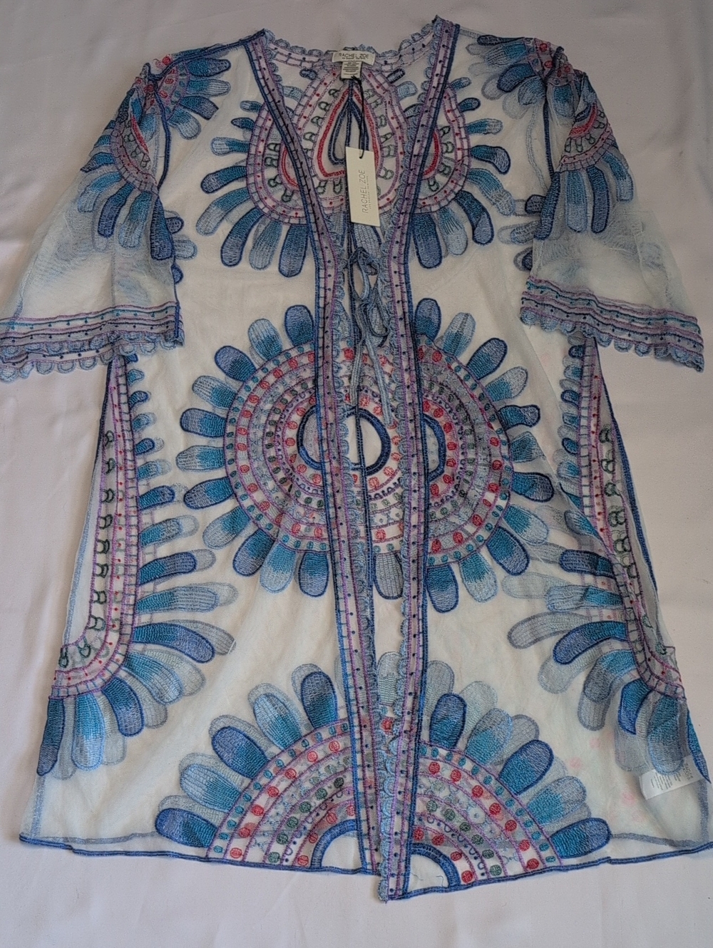 Rachel Zoe White Sheer Swim Coverup with Blue and Pink Embroidery